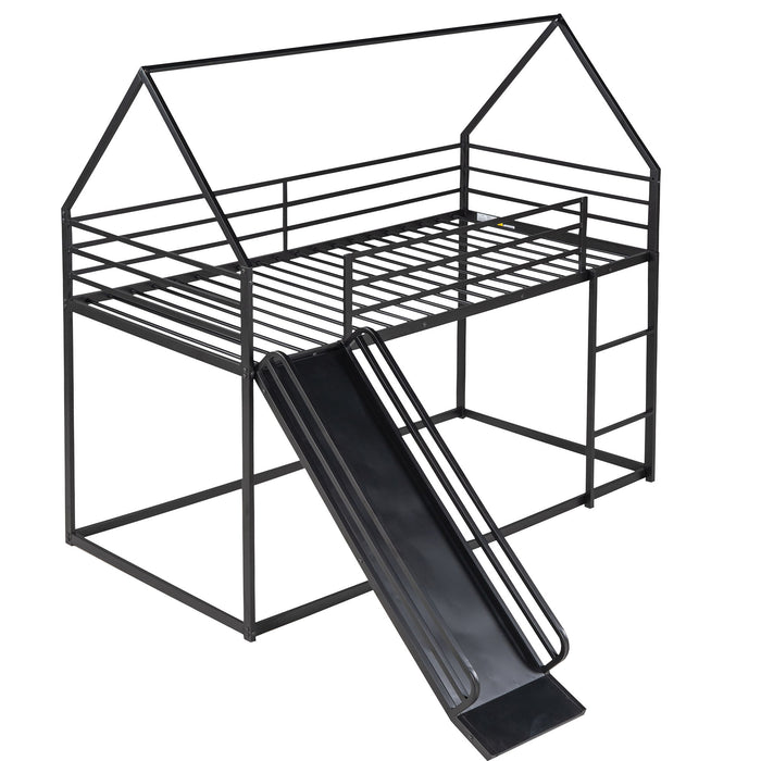 Giga Twin Over Twin house bunk bed with ladder and slide, featuring a cozy sleeping area and fun play elements.