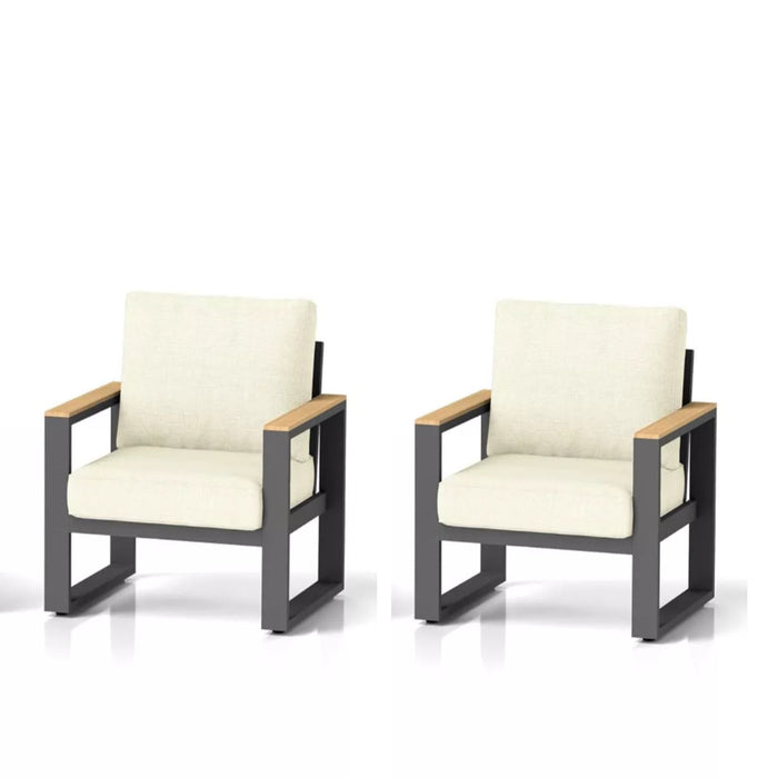 Pair of Giga all-weather patio armchairs with thick cushions, ideal for outdoor seating and comfort.