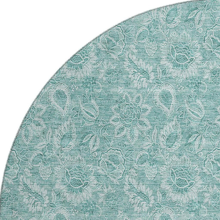 8' Floral Washable Round Rug With UV Protection (655153) - Teal / Ivory