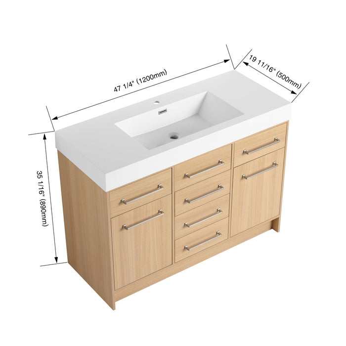 Giga freestanding bathroom vanity with resin sink, soft-closing doors and drawers, modern style, in a sleek bathroom setting