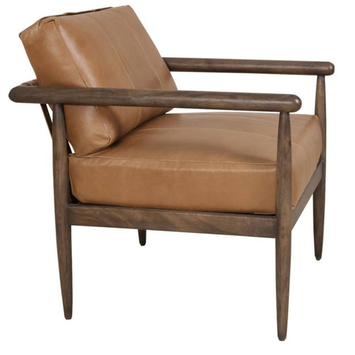 28" Transitional Genuine Leather And Solid Wood Arm Chair - Brown