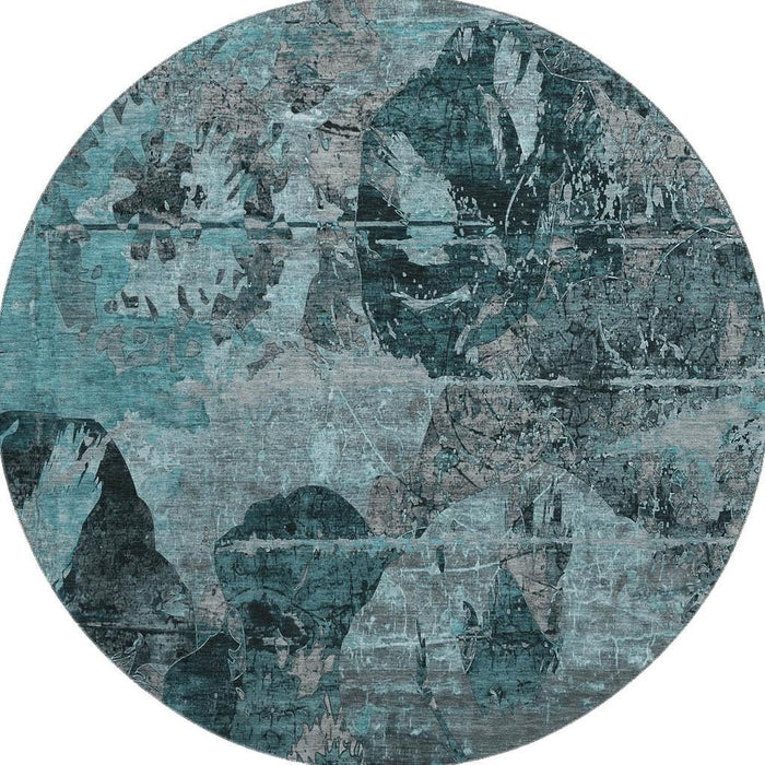 8' Abstract Washable Round Rug With UV Protection (648877) - Teal / Gray