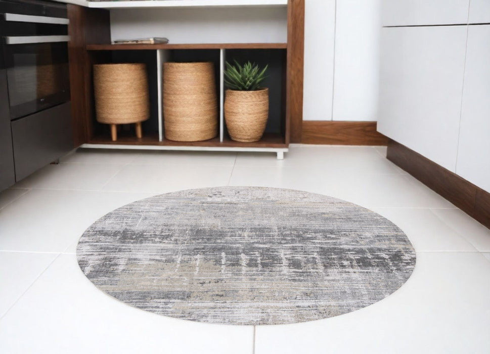 8' Round Abstract Non Skid Area Rug - Gray And White