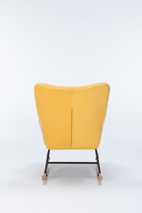 Yellow teddy upholstered Giga rocking chair with high backrest, modern nursery glider, ideal for living room and reading comfort.
