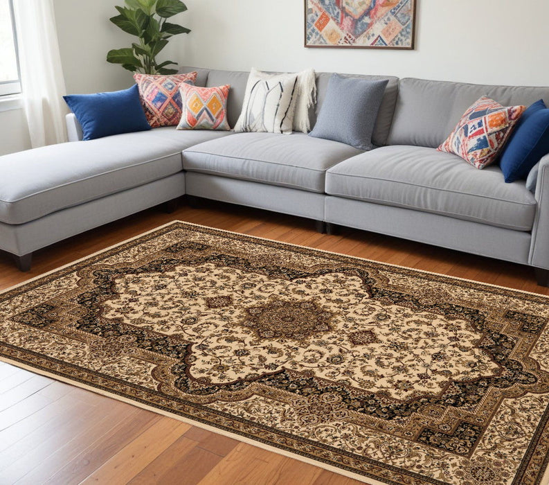 8' x 11' Oriental Power Loom Area Rug - Ivory And Black