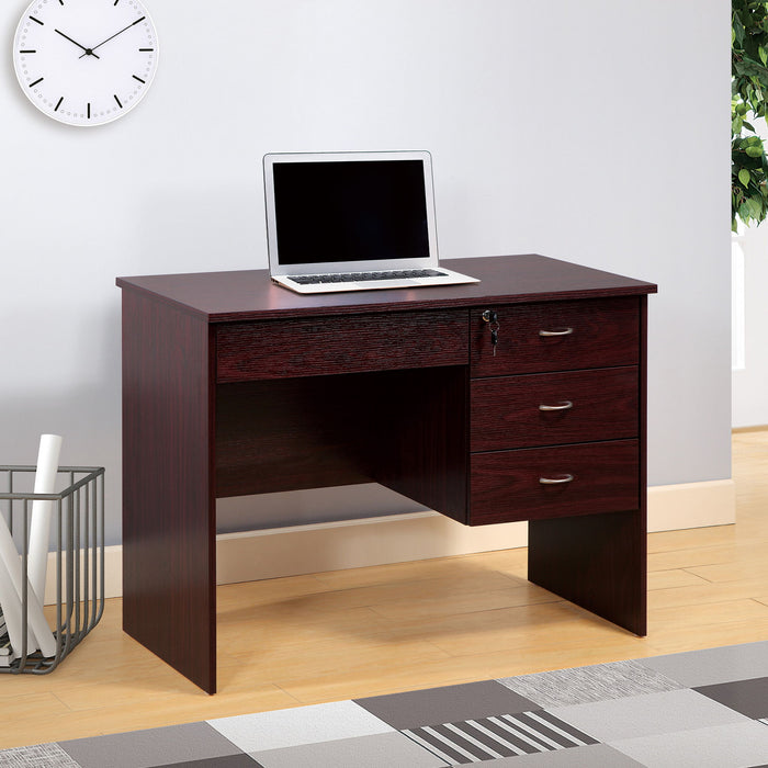 Giga Mahogany writing desk with three locking drawers, metal glides, modesty panel, and metal bar handles.