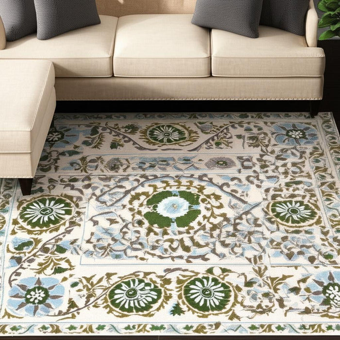 7' X 9' Tribal Washable Area Rug With UV Protection (610062) - Cream / Green / Blue