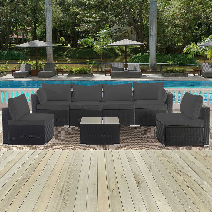 Set of Giga cushion covers for 7-piece wicker sectional sofa, includes 14 zippered seat and back slipcovers.