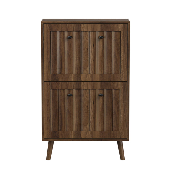 Giga walnut shoe cabinet with multiple compartments, upright storage unit for organizing footwear in a modern home.