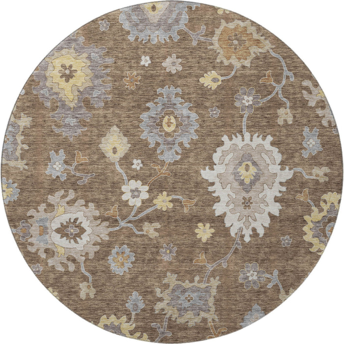 8' Floral Medallion Washable Round Rug With UV Protection - Chocolate
