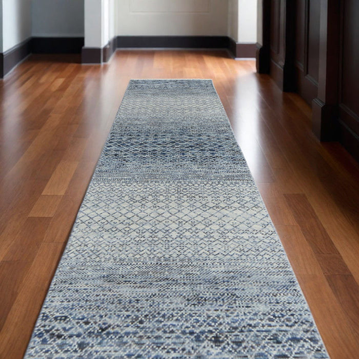 10' Wool Hand Knotted Runner Rug With Fringe - Ivory Gray And Blue