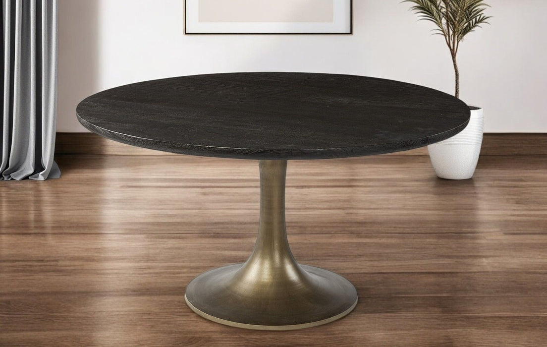 54" Rounded Solid Wood And Metal Pedestal Base Dining Table - Brown