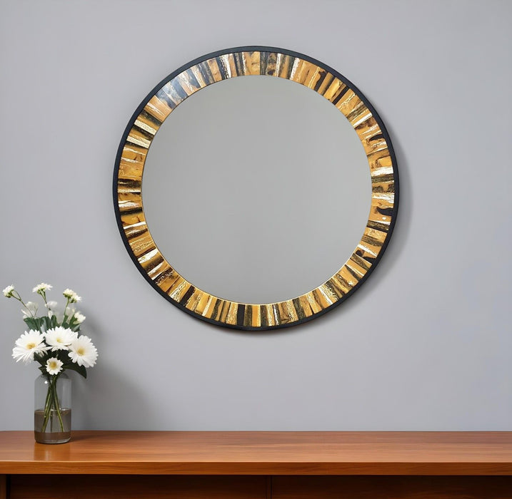 32" Round Framed Accent Mirror - Black / Brown / Faux Stone