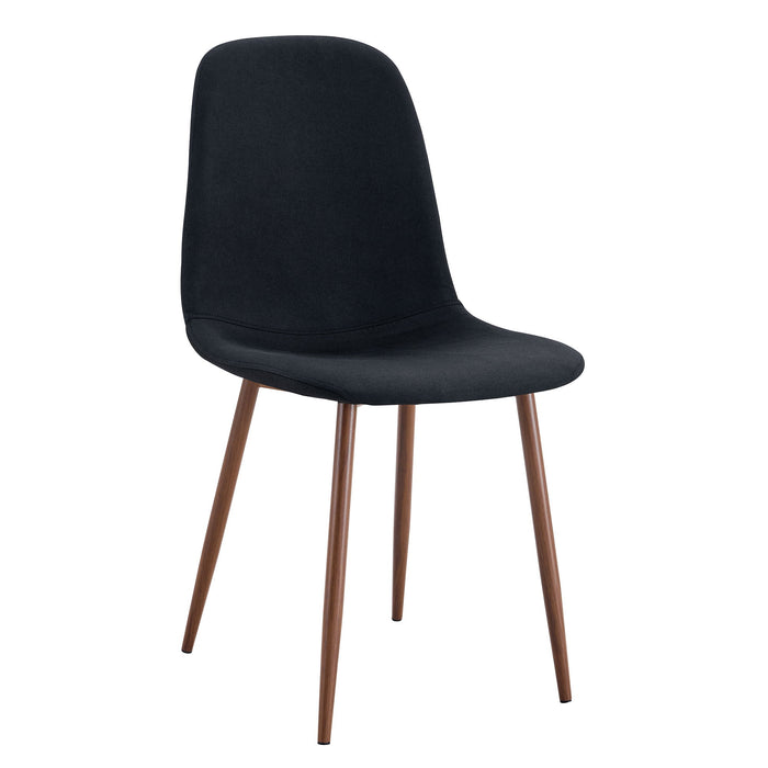 Set of four Giga luxury simple dining chairs with black metal legs and linen cotton upholstery in black and walnut colors.