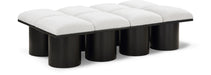 Modern upholstered Pavilion 8-piece modular bench with black base by Meridian Furniture, shown in a contemporary living space.