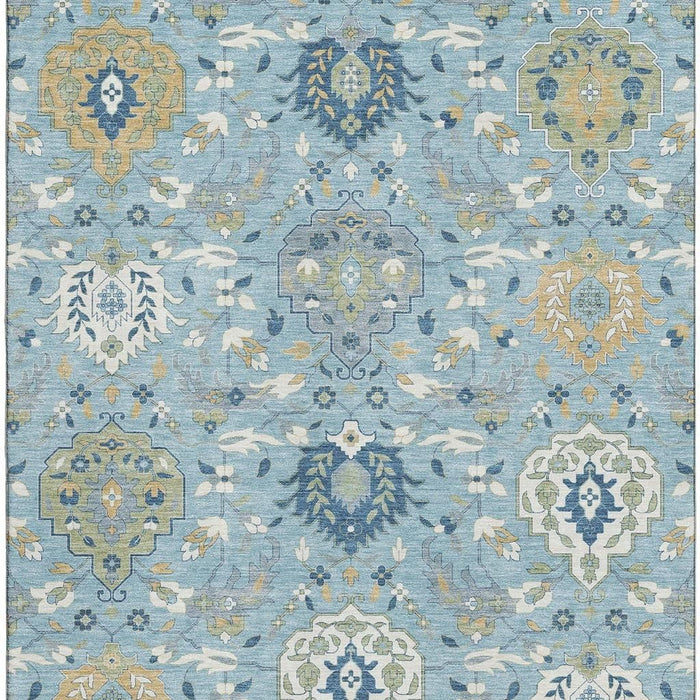 10' X 14' Damask Washable Area Rug With UV Protection (680577) - Sky Blue / Gold / Gray