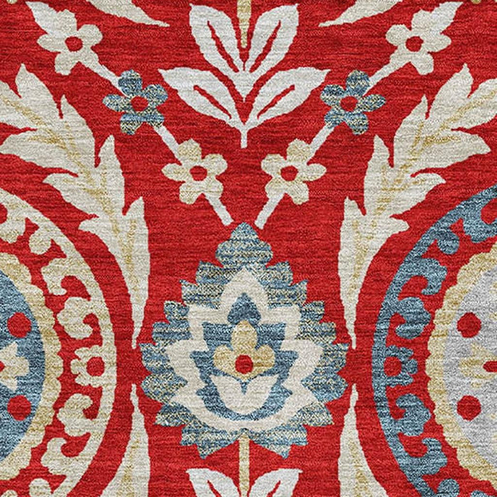 8' X 10' Floral Washable Area Rug With UV Protection - Red