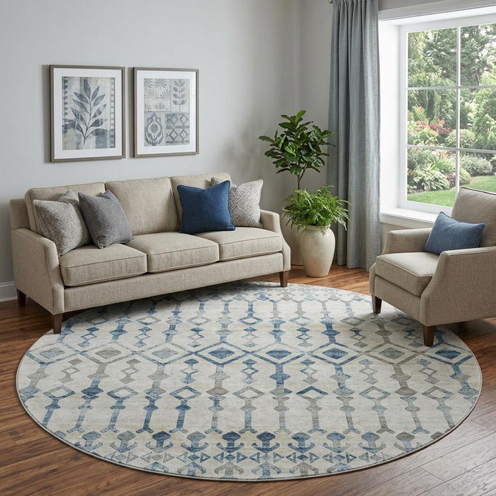 8' Tribal Washable Round Rug With UV Protection (644141) - Ivory / Blue