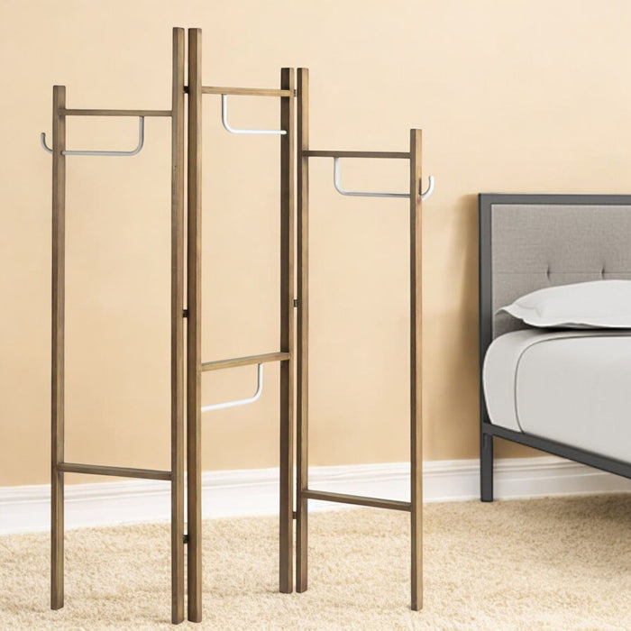 Iron Folding Three Panel Screen Room Divider - Brown