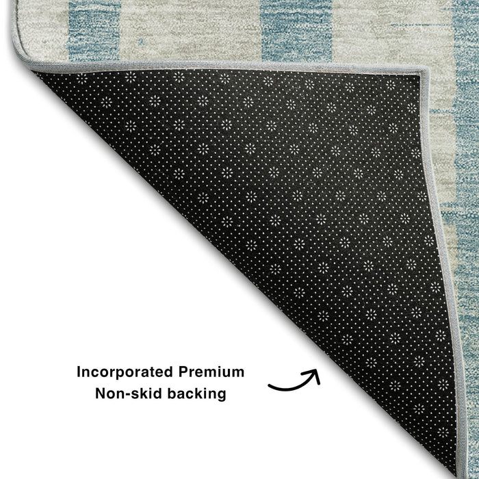 10' X 14' Striped Washable Area Rug With UV Protection (669402) - Sky Blue / Beige