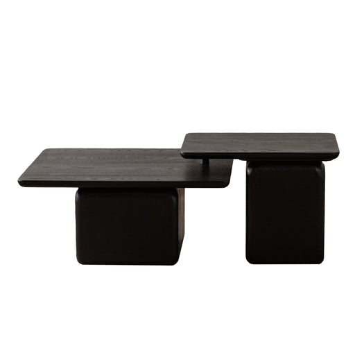 Giga Square Coffee Table Set of 2 with sleek wooden surfaces and modern black metal legs, ideal for living room decor.