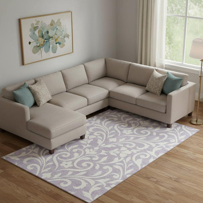 10' X 14' Floral Washable Area Rug With UV Protection (669624) - Lavender / Ivory