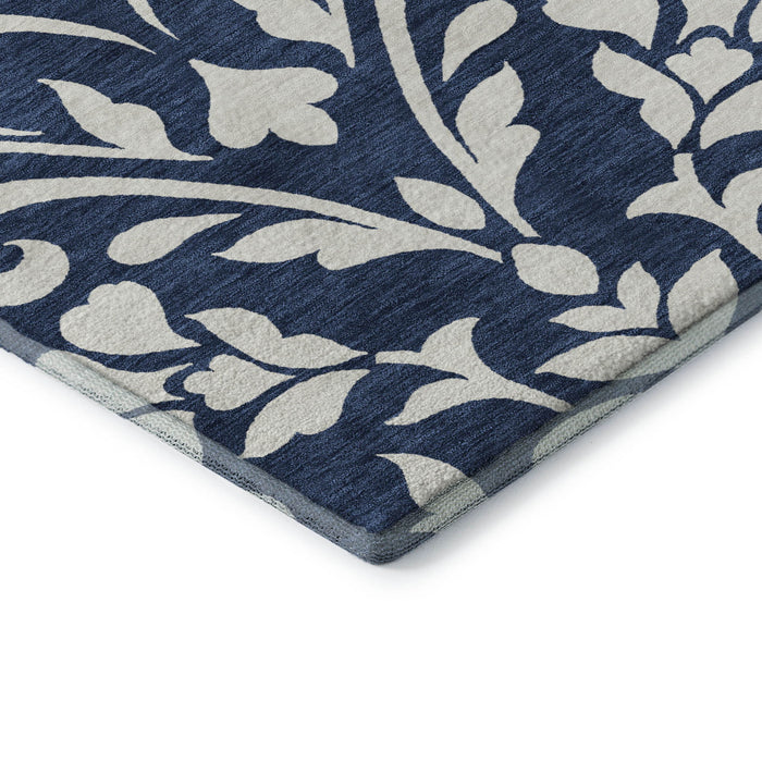 10' X 14' Floral Washable Area Rug With UV Protection (669630) - Navy Blue / Ivory