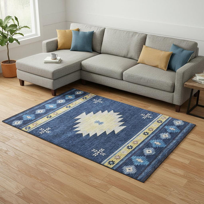 9' X 12' Geometric Washable Area Rug With UV Protection (645683) - Blue / Ivory / Gold