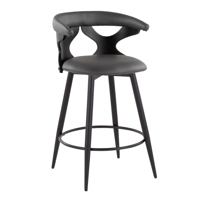 Gardenia - 25" Fixed-Height Counter Stool With Swivel And Rounded Black Metal Footrest (Set of 2) - Black Metal, Black Wood And Gray Faux Leather