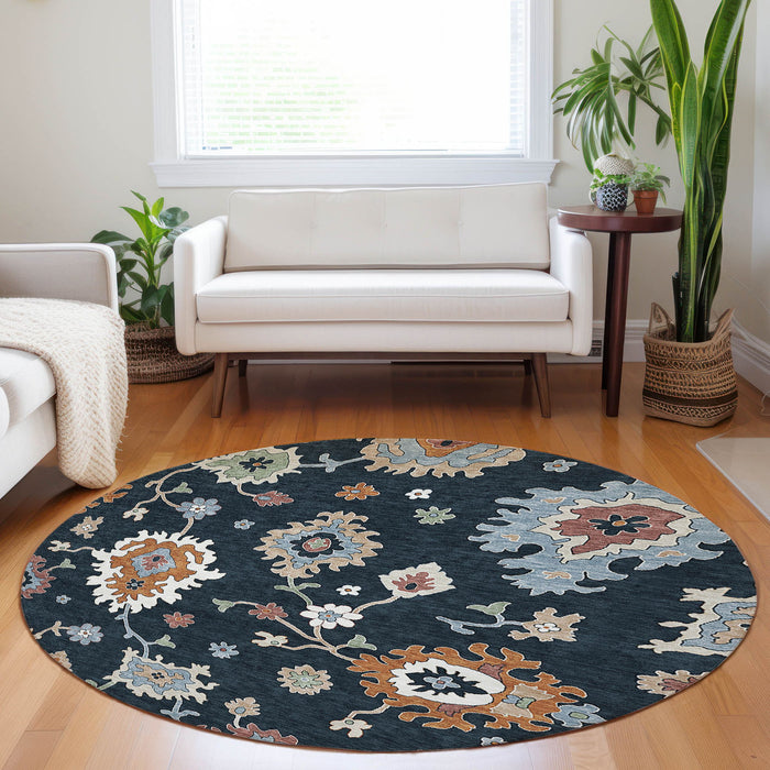 8' Floral Medallion Washable Round Rug With UV Protection - Black