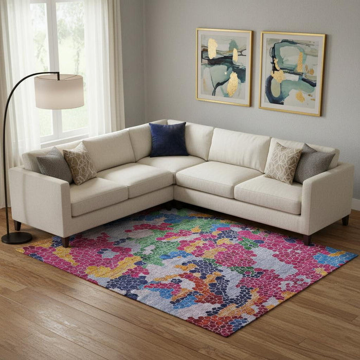 10' X 14' Geometric Washable Area Rug With UV Protection (707683) - Blush / Blue / Yellow