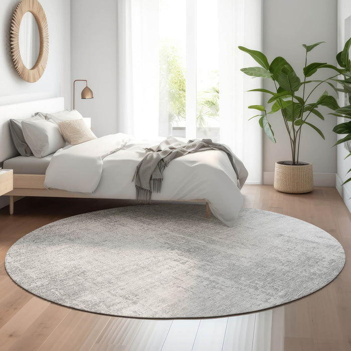 8' Abstract Washable Round Rug With UV Protection - Silver And Gray