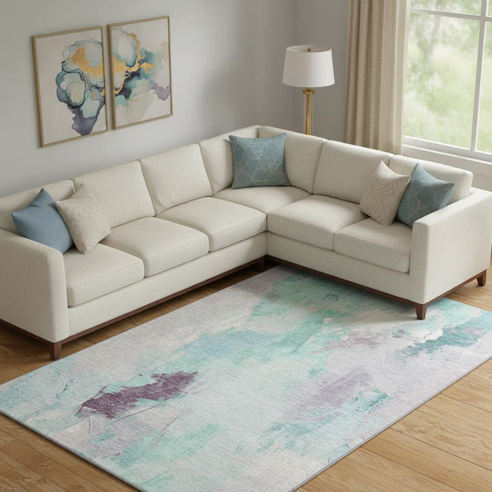 10' X 14' Abstract Washable Area Rug With UV Protection (707923) - Teal / Lavender / Ivory