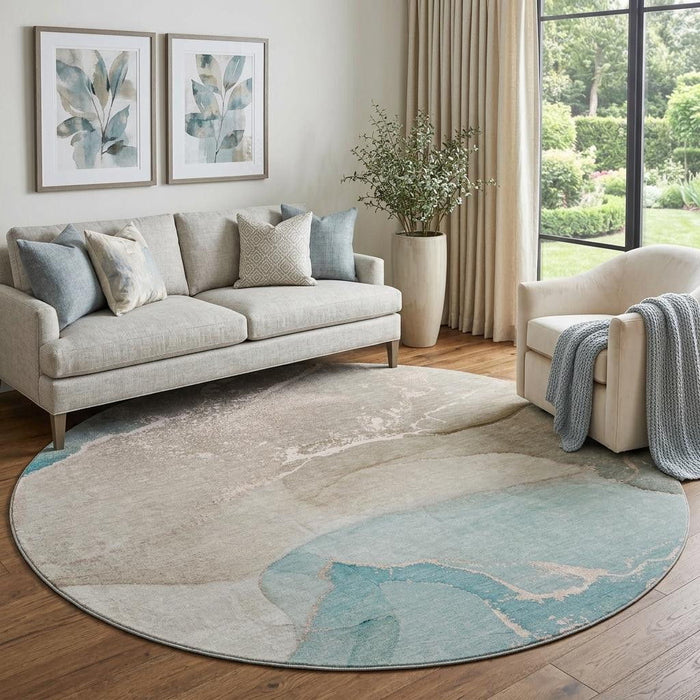 8' Abstract Washable Round Rug With UV Protection (647215) - Teal / Beige / Ivory