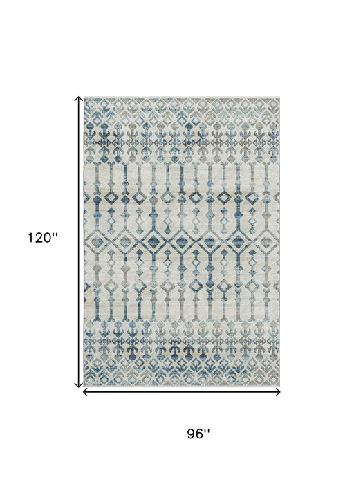 8' X 10' Tribal Washable Area Rug With UV Protection (644142) - Ivory / Blue