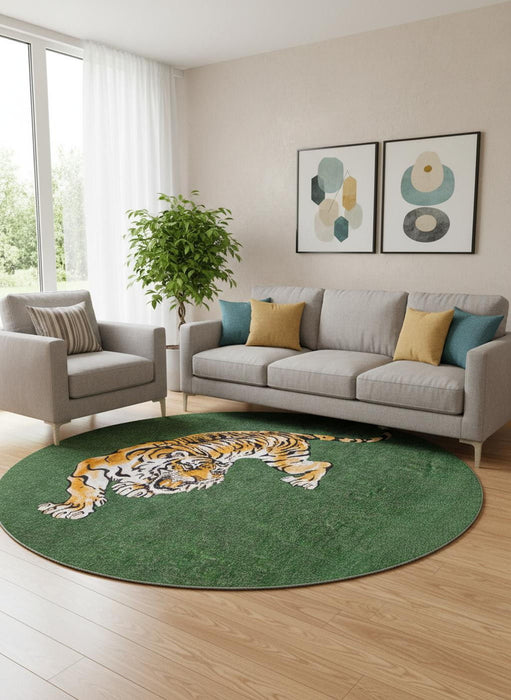 8' Abstract Washable Round Rug (552026) - Green / Yellow