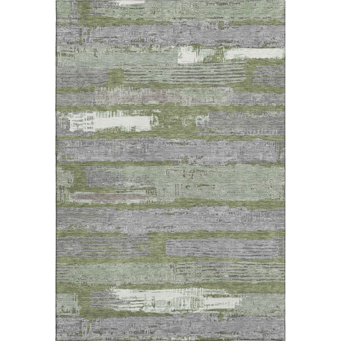 10' X 14' Striped Washable Area Rug With UV Protection (696512) - Olive Green / Gray / Silver