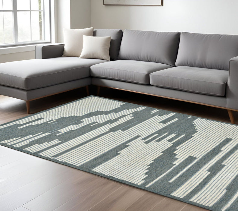 9' X 13' Wool Abstract Hand Hooked Area Rug - Blue And Ivory