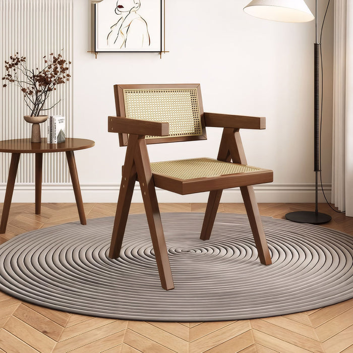 Set of 2 Giga modern mid-century dining chairs with rattan accents, wooden arms, and walnut finish, suitable for outdoor or indoor dining.