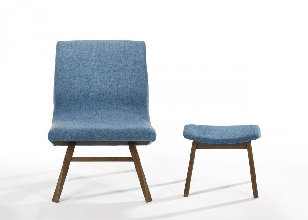 Solid Color Lounge Chair With Ottoman - Blue And Walnut