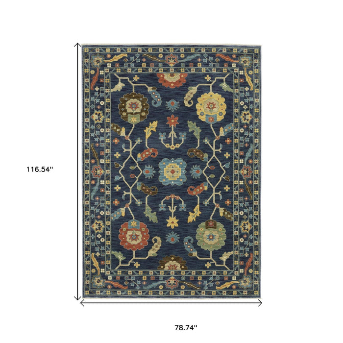 7' X 10' Oriental Area Rug With Fringe - Blue And Gold