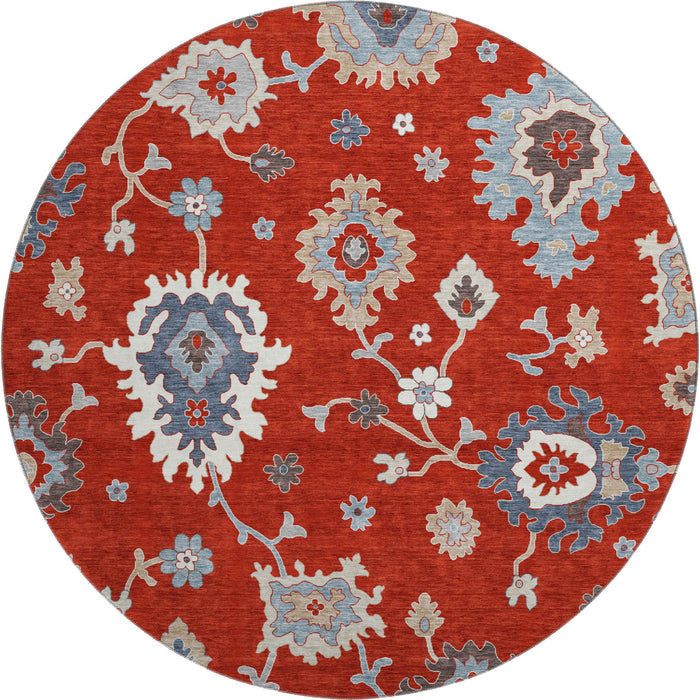 8' Floral Medallion Washable Round Rug With UV Protection - Red
