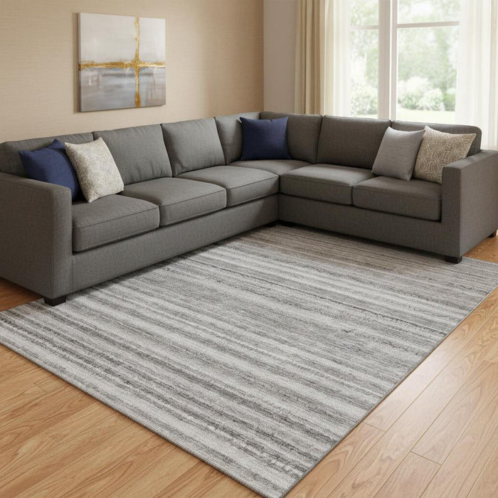 9' X 12' Striped Washable Area Rug With UV Protection (650805) - Gray / Silver