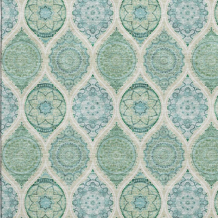 10' X 14' Ogee Washable Area Rug With UV Protection (677124) - Sage / Ivory / Teal
