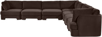 Velvet Meridian Furniture 7-piece corner sectional sofa with plush upholstery and modern design, perfect for living room seating.