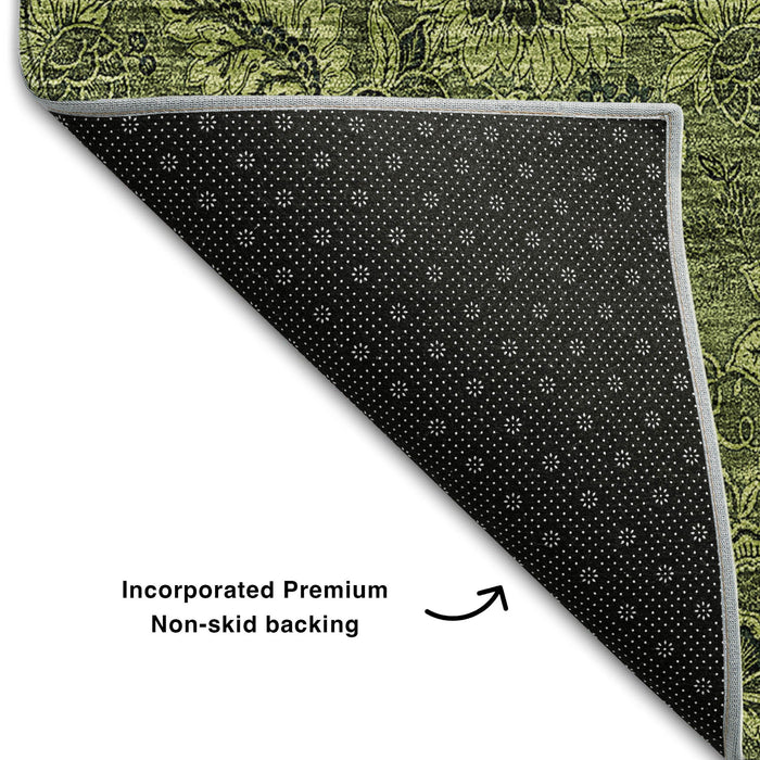10' X 14' Floral Washable Area Rug With UV Protection (655078) - Olive Green / Charcoal