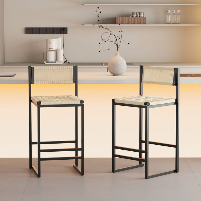 Giga Style B woven bar stools with backrest, paper rope weave, creamy white dining chairs for kitchen island, set of two