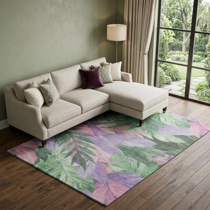 10' X 14' Floral Washable Area Rug With UV Protection (694038) - Sage / Purple / Blush