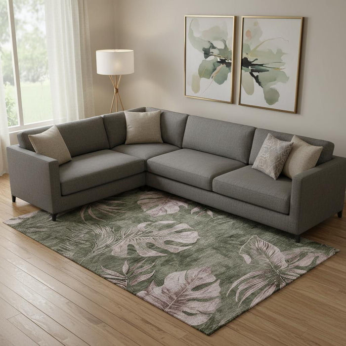 10' X 14' Floral Washable Area Rug With UV Protection (706963) - Olive Green / Blush