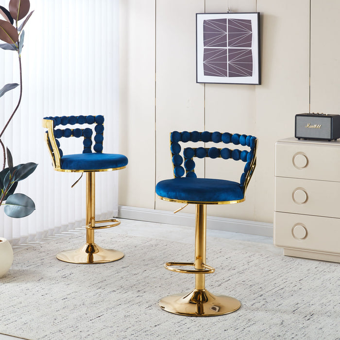 Set of two Giga modern bar stools with iron tube legs, soft cushions, and supportive backrests, ideal for kitchen or bar areas.